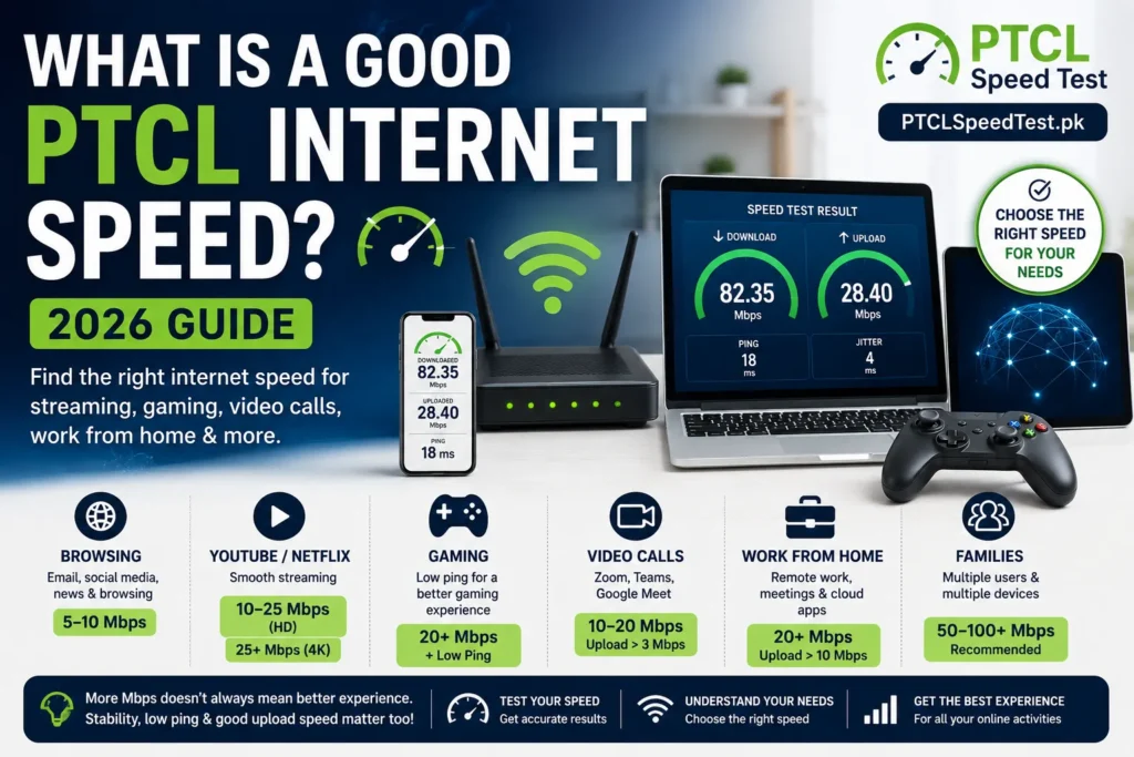 Recommended PTCL internet speeds for streaming, gaming, video calls and home use