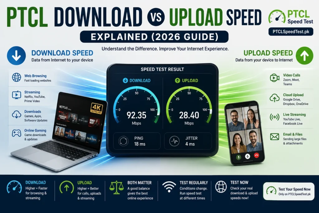 Comparison of PTCL download speed and upload speed with internet speed test dashboard.