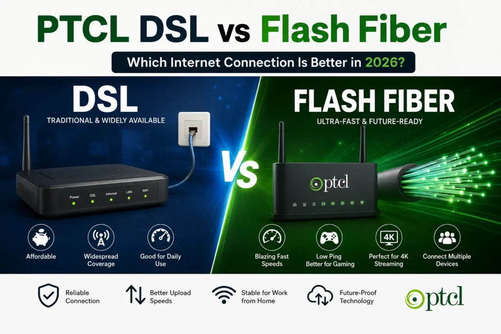 "Comparison graphic showing PTCL DSL copper line versus Flash Fiber optical connection"