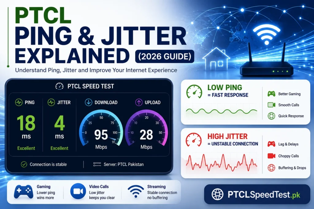 Illustration showing PTCL ping and jitter values on an internet speed test dashboard.