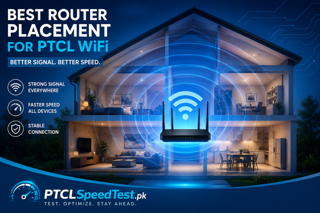 Illustration showing the best placement position for a PTCL WiFi router inside a home to improve wireless coverage.
