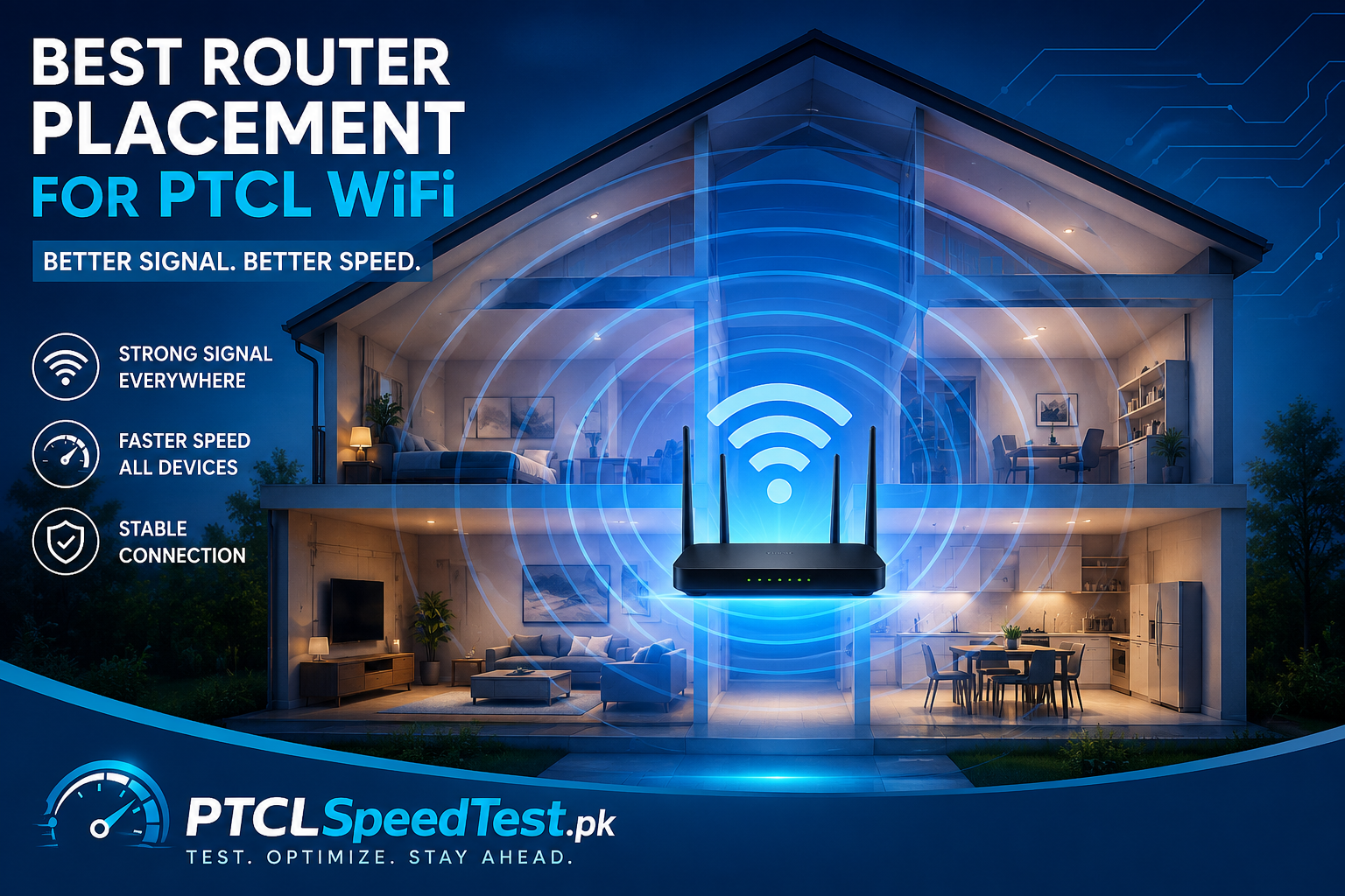 Illustration showing the best placement position for a PTCL WiFi router inside a home to improve wireless coverage.