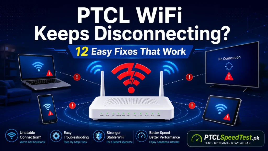 Illustration showing a PTCL router, a disconnect symbol, and connected devices affected by WiFi drops.