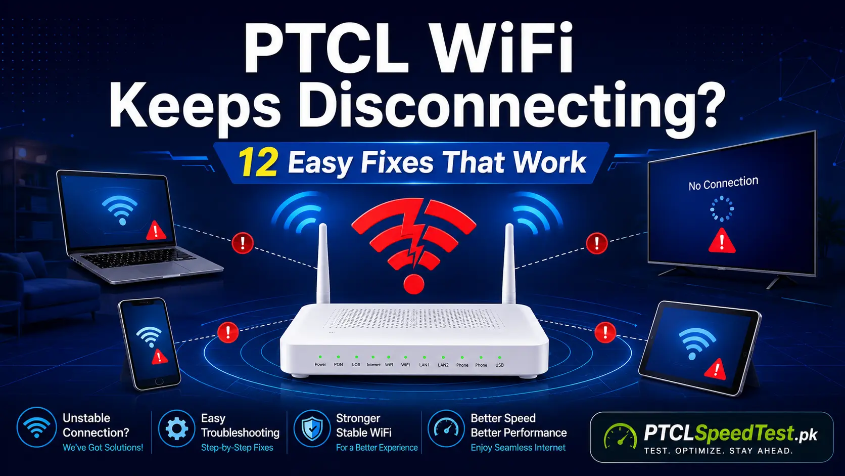 Illustration showing a PTCL router, a disconnect symbol, and connected devices affected by WiFi drops.