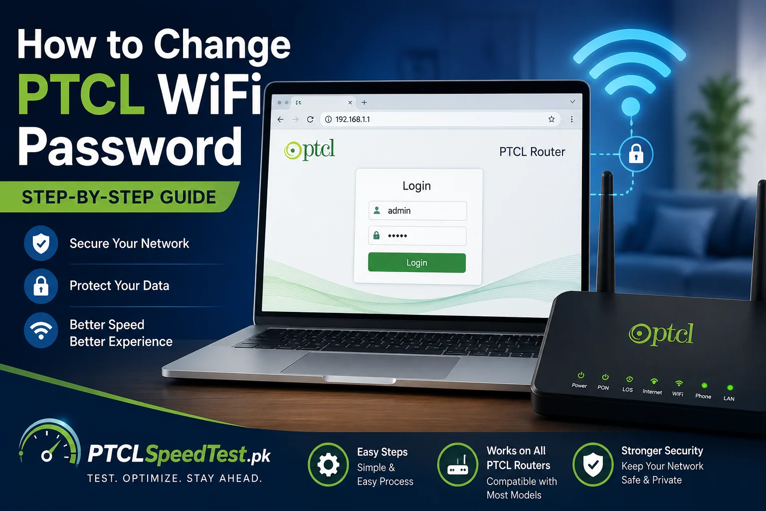 Illustration showing the PTCL router login screen used to change the WiFi password.