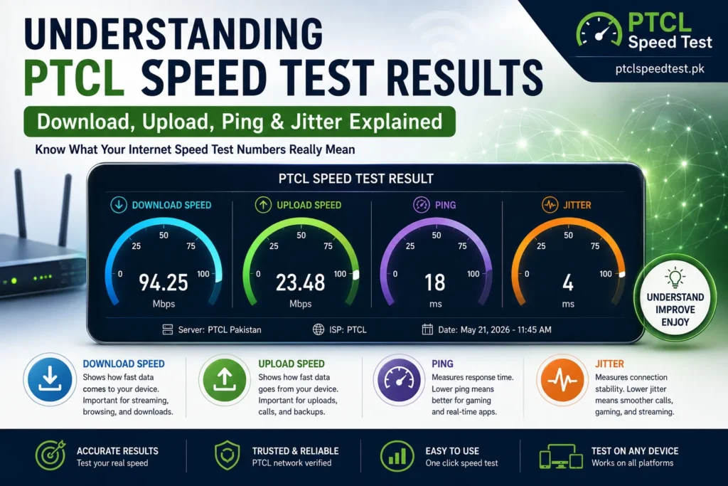 PTCL speed test dashboard showing download speed, upload speed, ping, and jitter results