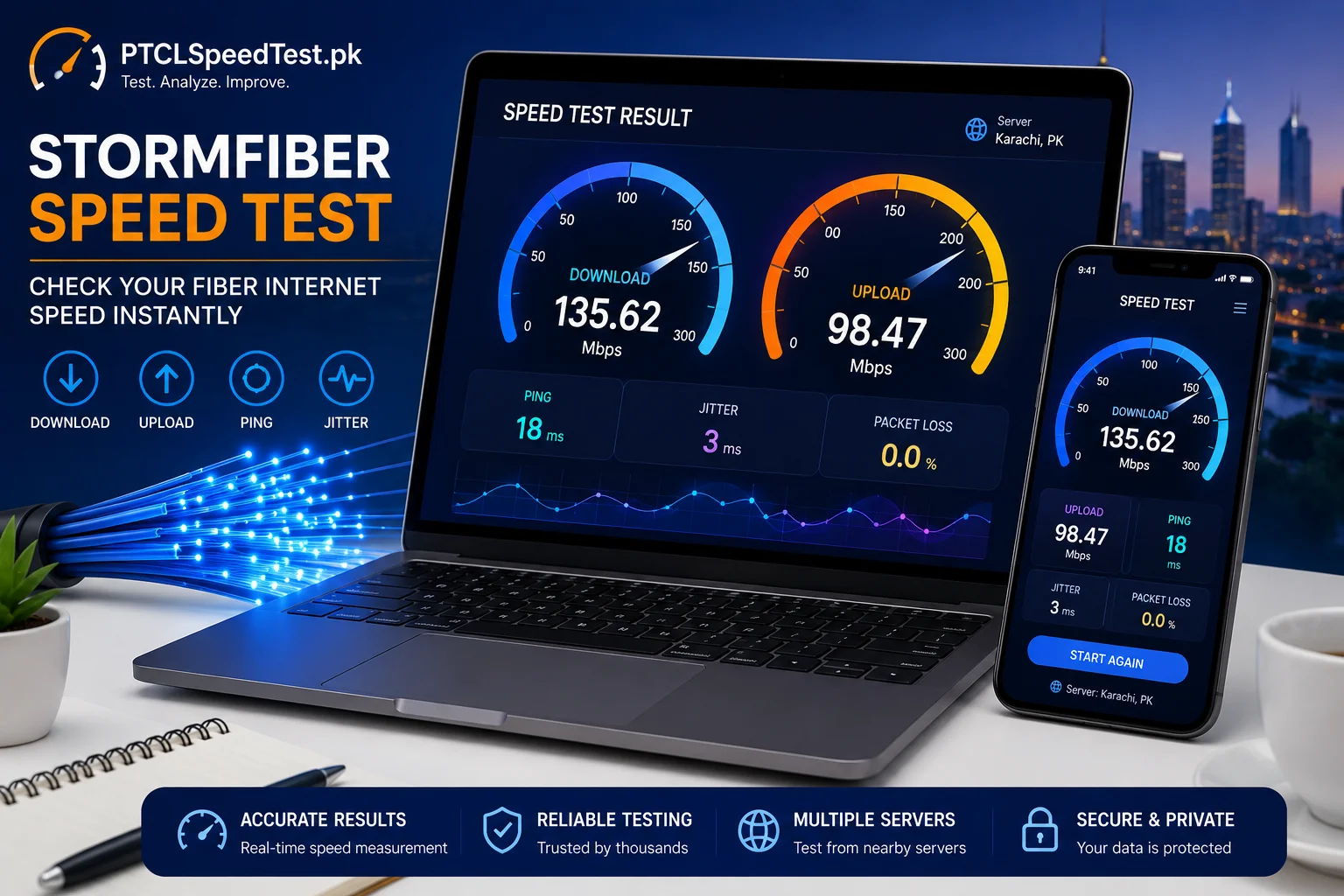 StormFiber speed test results shown on laptop and mobile screen with download, upload and ping readings